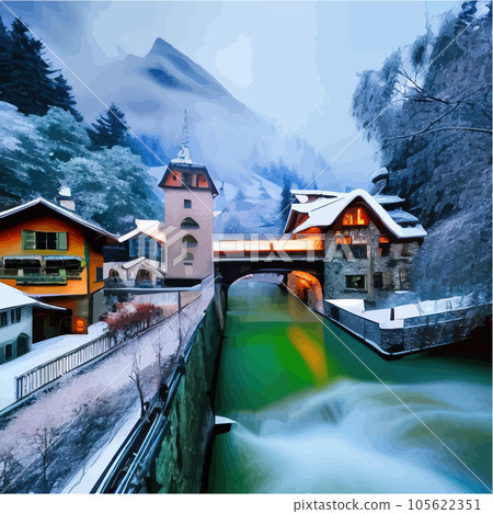 Winter town with bridge over river next to large pine forest against backdrop 105622351
