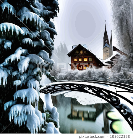Winter town with bridge over river next to large pine forest against backdrop Winter town with bridge over river next to large pine forest against backdrop 105622358