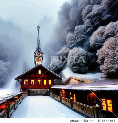 Winter town with bridge over river next to large pine forest against backdrop 105622363