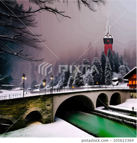 Winter town with bridge over river next to large pine forest against backdrop 105622364