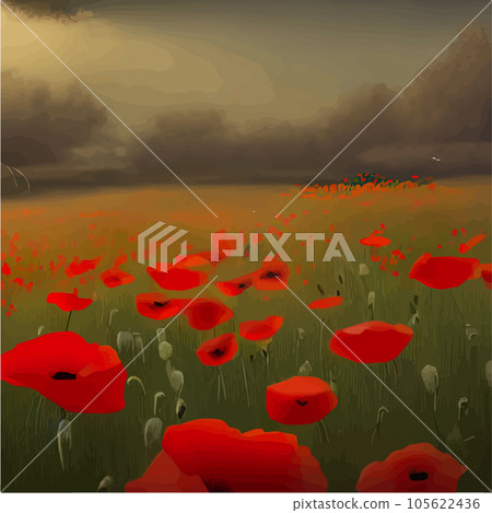 Beautiful red poppies in field. Wild flower spring nature landscape. Vector 105622436