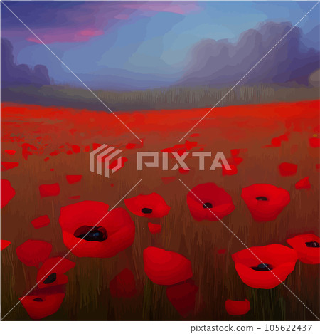Spring landscape. Beautiful nature. Sunny landscape with poppies. Natural 105622437
