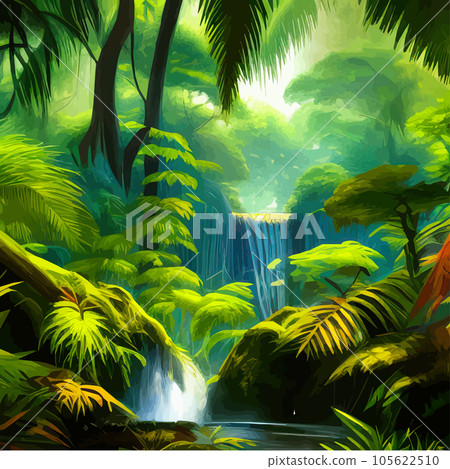 Spring landscape with waterfall in tropical forest. Vector illustration rivers 105622510