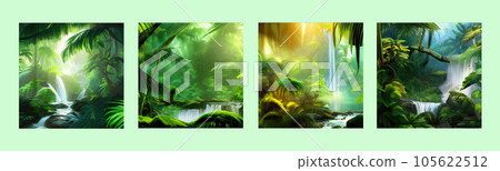 Waterfall Jungle Landscape Vector illustration. Tropical natural scenery Waterfall Jungle Landscape Vector illustration. Tropical natural scenery 105622512