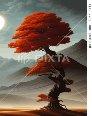 Landscape background. Autumn orange big crooked tree on hill alonePlant Art Landscape background. Autumn orange big crooked tree on hill alonePlant Art 105622513