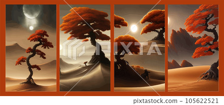 A gloomy autumn orange tree in desert against backdrop mountains and hills A gloomy autumn orange tree in desert against backdrop mountains and hills 105622521