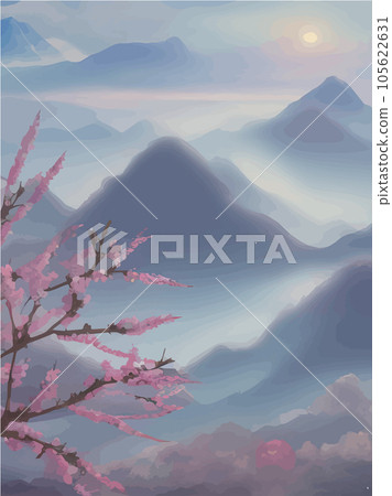 Panorama cherry blossom against background mountains and sky with clouds. 105622631