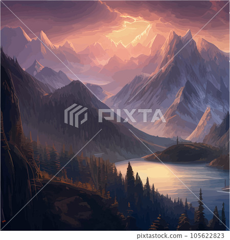 Incredible mountain landscape in clouds with forest and a river. Vector 105622823