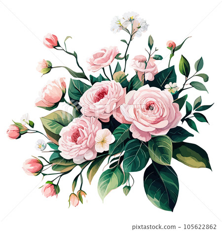 Spring floral bouquet watercolor flowers pink roses, vector Illustration. 105622862