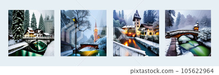 Old historical fictional design stone bridge across the river with old town Old historical fictional design stone bridge across the river with old town 105622964