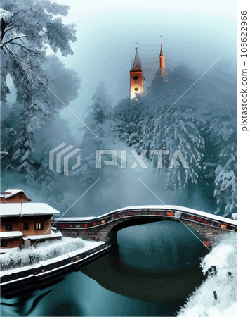 In snow castle old castle in woods, style town, photorealistic, quiet river 105622966