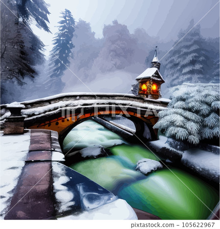 Winter town with bridge over river next to large pine forest against backdrop Winter town with bridge over river next to large pine forest against backdrop 105622967