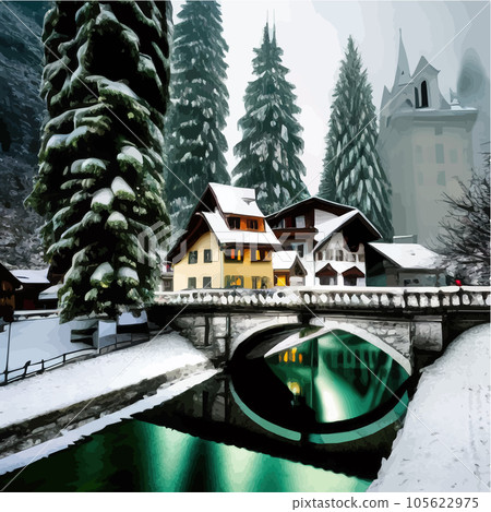 Winter town with bridge over river next to large pine forest against backdrop Winter town with bridge over river next to large pine forest against backdrop 105622975