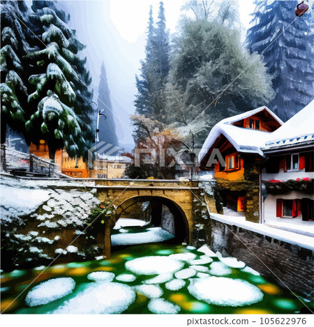 Winter town with bridge over river next to large pine forest against backdrop Winter town with bridge over river next to large pine forest against backdrop 105622976