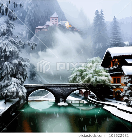 Winter town with bridge over river next to large pine forest against backdrop Winter town with bridge over river next to large pine forest against backdrop 105622981