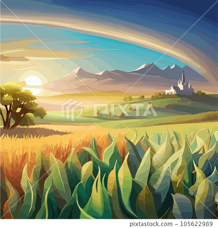 Corn field with the blue sky Realistic vector illustration of corn field Corn field with the blue sky Realistic vector illustration of corn field 105622989