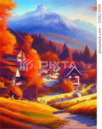 Autumn landscape with houses and mountains, beautiful orange trees on a sunny 105623009