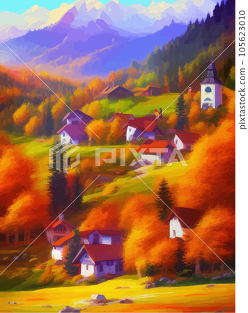 Autumn landscape with houses and mountains, beautiful orange trees on a sunny 105623010