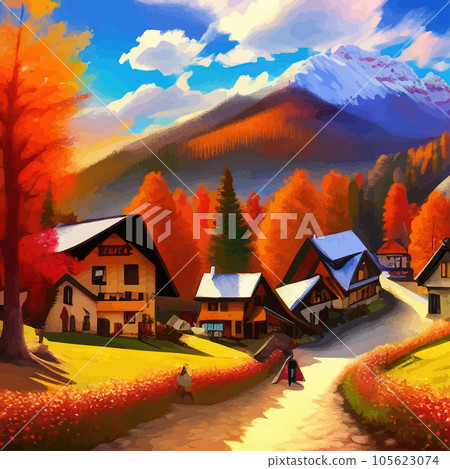 Sunny day in village house with road and orange autumn trees. Cartoon picture 105623074