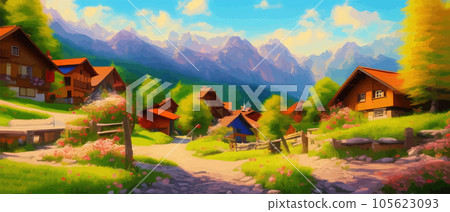 Idyllic mountain landscape in alps with blooming meadows in springtime 105623093