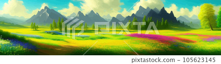 Bright green meadow landsape with wild flowers, against backdrop high mountains Bright green meadow landsape with wild flowers, against backdrop high mountains 105623145