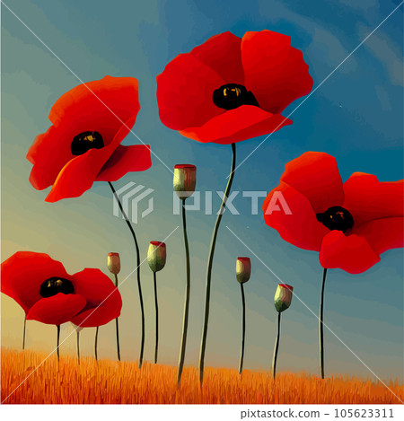 Spring landscape. Beautiful nature. Sunny landscape with poppies. Natural Spring landscape. Beautiful nature. Sunny landscape with poppies. Natural 105623311