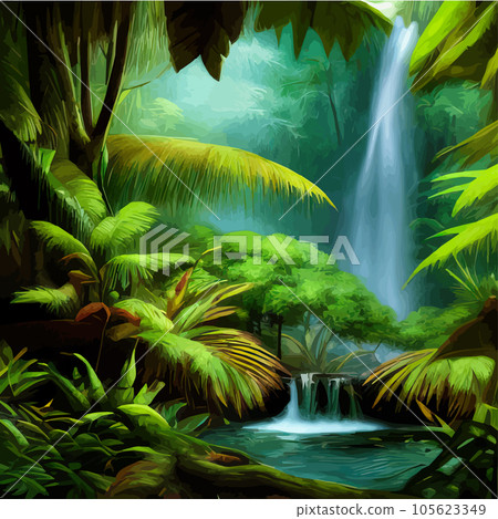Tropical botanical landscape vector illustration, with waterfalls and palm Tropical botanical landscape vector illustration, with waterfalls and palm 105623349
