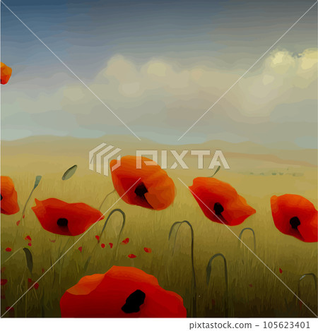 Spring landscape. Beautiful nature. Sunny landscape with poppies. Natural 105623401
