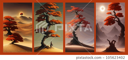 A gloomy autumn orange tree in desert against backdrop mountains and hills A gloomy autumn orange tree in desert against backdrop mountains and hills 105623402