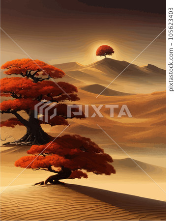 Sunset or full moon in African autumn orange big crooked tree on hill alone Sunset or full moon in African autumn orange big crooked tree on hill alone 105623403