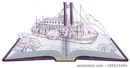 Open book illustration paddle boat sail mississippi river Open book illustration paddle boat sail mississippi river 105623404