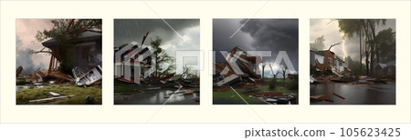 Big storm producing tornado causing destruction, destroyed houses dark sky 105623425