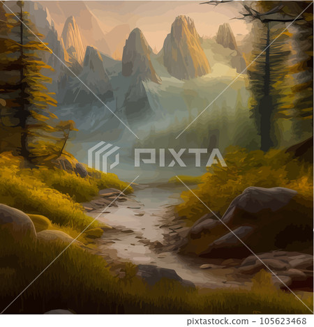 Forest and mountains river landscape vector. Foggy cloudy day vector 105623468