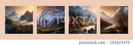 Forest and mountains river landscape vector. Foggy cloudy day vector 105623470