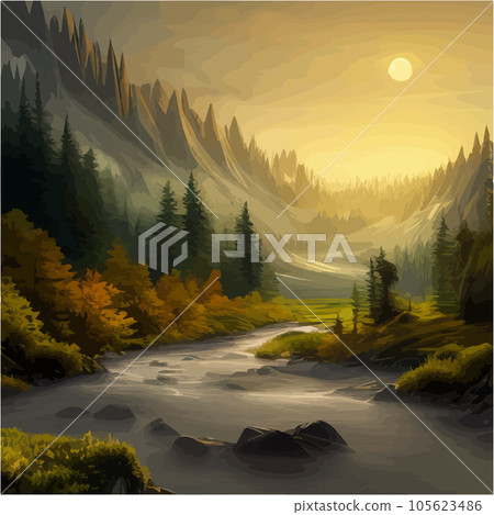 Forest and mountains river landscape vector. Foggy cloudy day vector 105623486