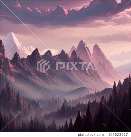 Incredible mountain landscape in clouds with forest and a river. Vector Incredible mountain landscape in clouds with forest and a river. Vector 105623517