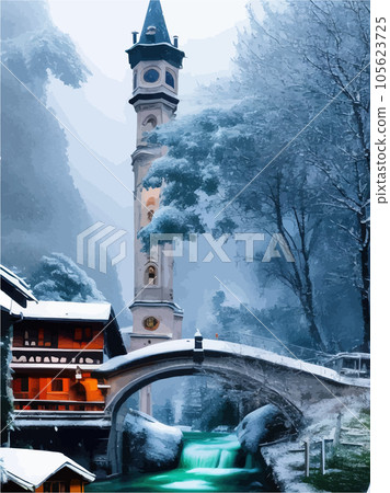 In snow castle old castle in woods, style town, photorealistic, quiet river 105623725