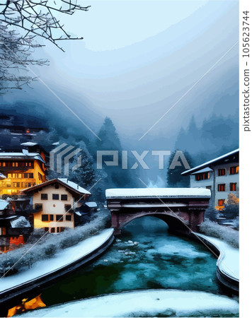 In snow castle old castle in woods, style town, photorealistic, quiet river In snow castle old castle in woods, style town, photorealistic, quiet river 105623744