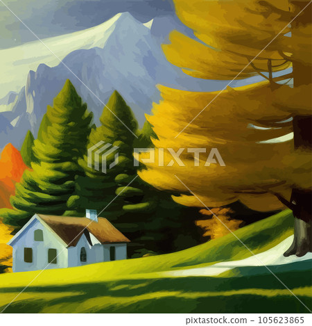Autumn Landscape with small House, Tree, bush and footpath yellow trees against 105623865