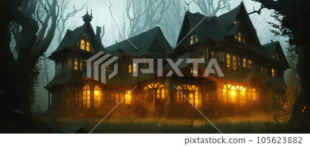 Haunted mansion with spooky backdrop, haunted house with lights in windows Haunted mansion with spooky backdrop, haunted house with lights in windows 105623882