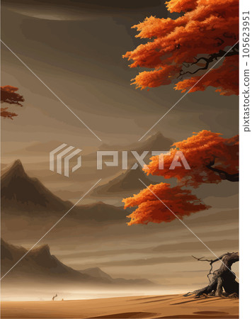 Landscape background. Autumn orange big crooked tree on hill alonePlant Art Landscape background. Autumn orange big crooked tree on hill alonePlant Art 105623951