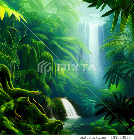 Tropical botanical landscape vector illustration, with waterfalls and palm Tropical botanical landscape vector illustration, with waterfalls and palm 105623952