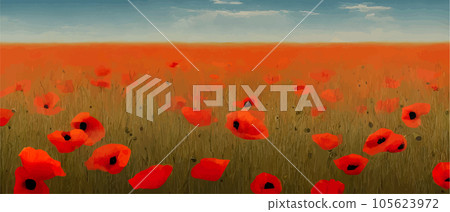 Banner beautiful rural scenery poppy field. Landscape painting with nature 105623972