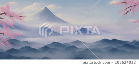 Landscape with cherry blossom branch misty mountains in clouds. Traditional Landscape with cherry blossom branch misty mountains in clouds. Traditional 105624038