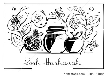 Sketch Rosh Hashanah greeting card. Shana Tova, Jewish New Year holiday. Honey Sketch Rosh Hashanah greeting card. Shana Tova, Jewish New Year holiday. Honey 105624084