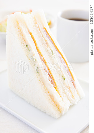 美味的金槍魚火腿奶酪三明治、沙拉和咖啡早晨 美味的金槍魚火腿奶酪三明治、沙拉和咖啡早晨 105624174