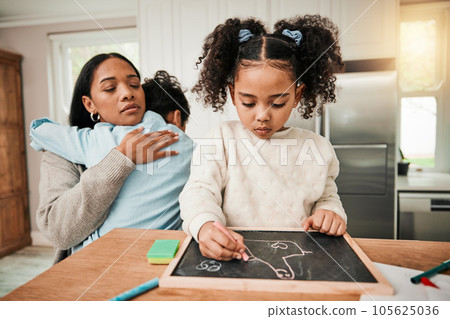 Child homework, family support and mom care with chalkboard, writing and school learning at home. Mother, young girl and knowledge development with kid in a house with education for homeschool Child homework, family support and mom care with chalkboard, writing and school learning at home. Mother, young girl and knowledge development with kid in a house with education for homeschool 105625036
