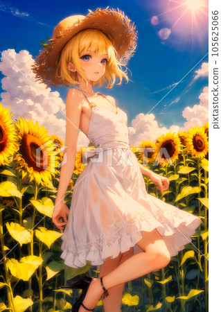 Woman in white dress posing in sunflower field 105625066