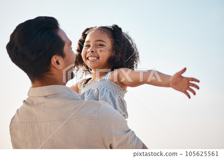 Family, airplane and girl with dad at a beach happy, smile and having fun on summer vacation. Love, hug and excited child with father in nature for adventure, travel and bond, flying and freedom Family, airplane and girl with dad at a beach happy, smile and having fun on summer vacation. Love, hug and excited child with father in nature for adventure, travel and bond, flying and freedom 105625561