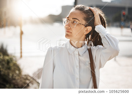 City, thinking and business woman on a sidewalk with travel, commute and urban journey. Road, outdoor and female professional in the morning traveling for work, career and job in New York on street City, thinking and business woman on a sidewalk with travel, commute and urban journey. Road, outdoor and female professional in the morning traveling for work, career and job in New York on street 105625600